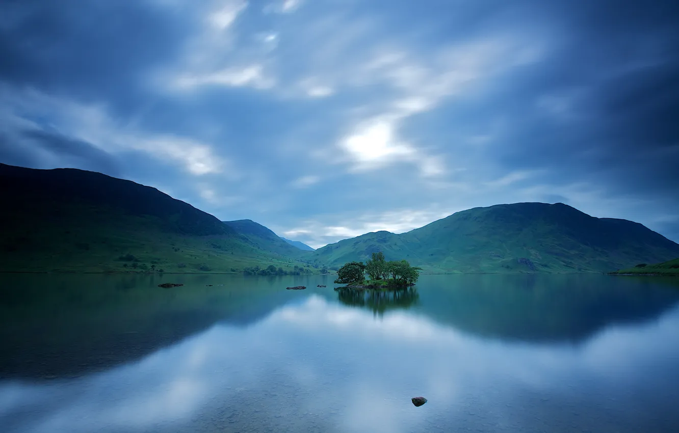 Photo wallpaper the sky, water, clouds, lake, surface, reflection, hills, England