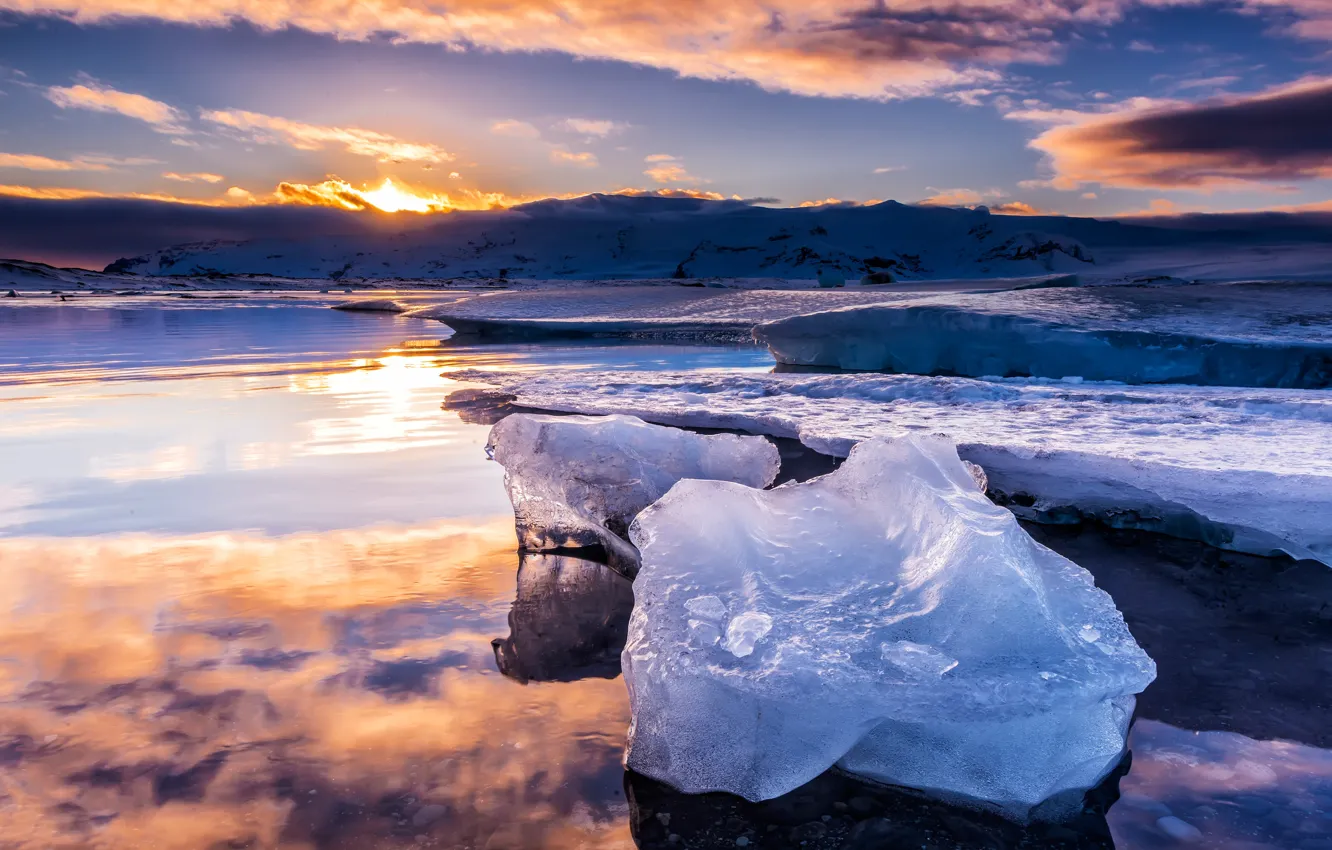 Photo wallpaper ice, winter, the sky, water, the sun, clouds, snow, landscape