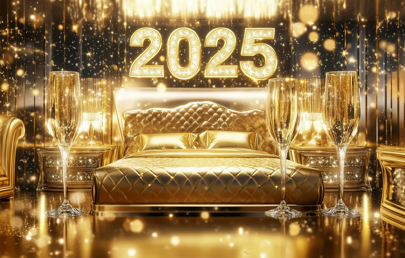 Photo wallpaper gold, bed, happy new year, digital art, digital art, Happy New Year!, 2025, artificial intelligence