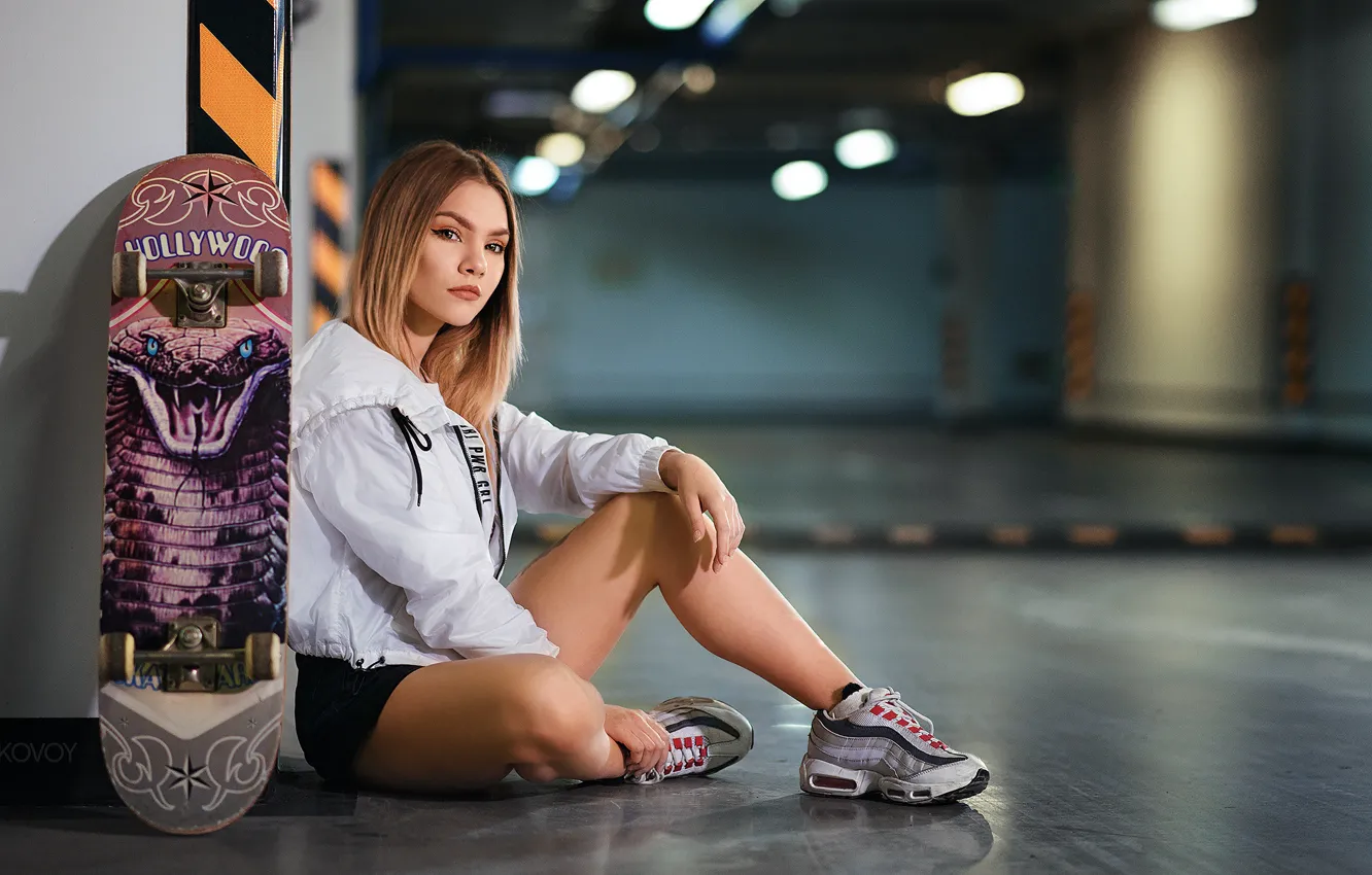 Photo wallpaper look, girl, pose, feet, Parking, sneakers, skateboard, Artem Castle