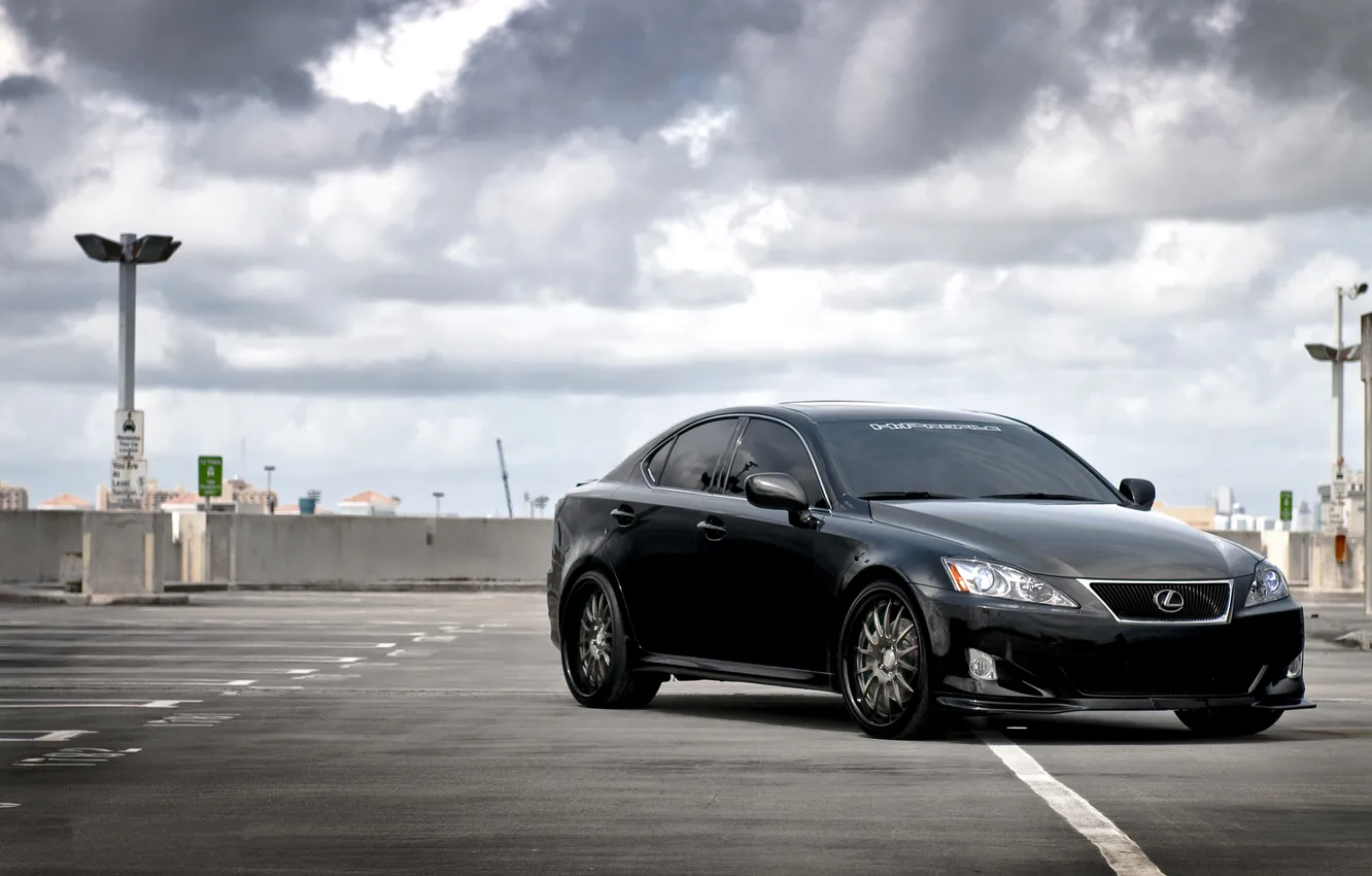 Photo wallpaper the sky, clouds, black, Lexus, Parking, black, Lexus, the front part