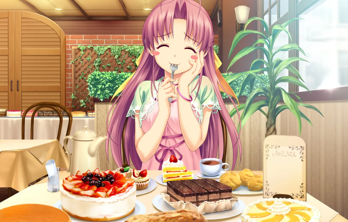 Photo wallpaper girl, mood, tea, anime, kettle, cafe, cake, cake