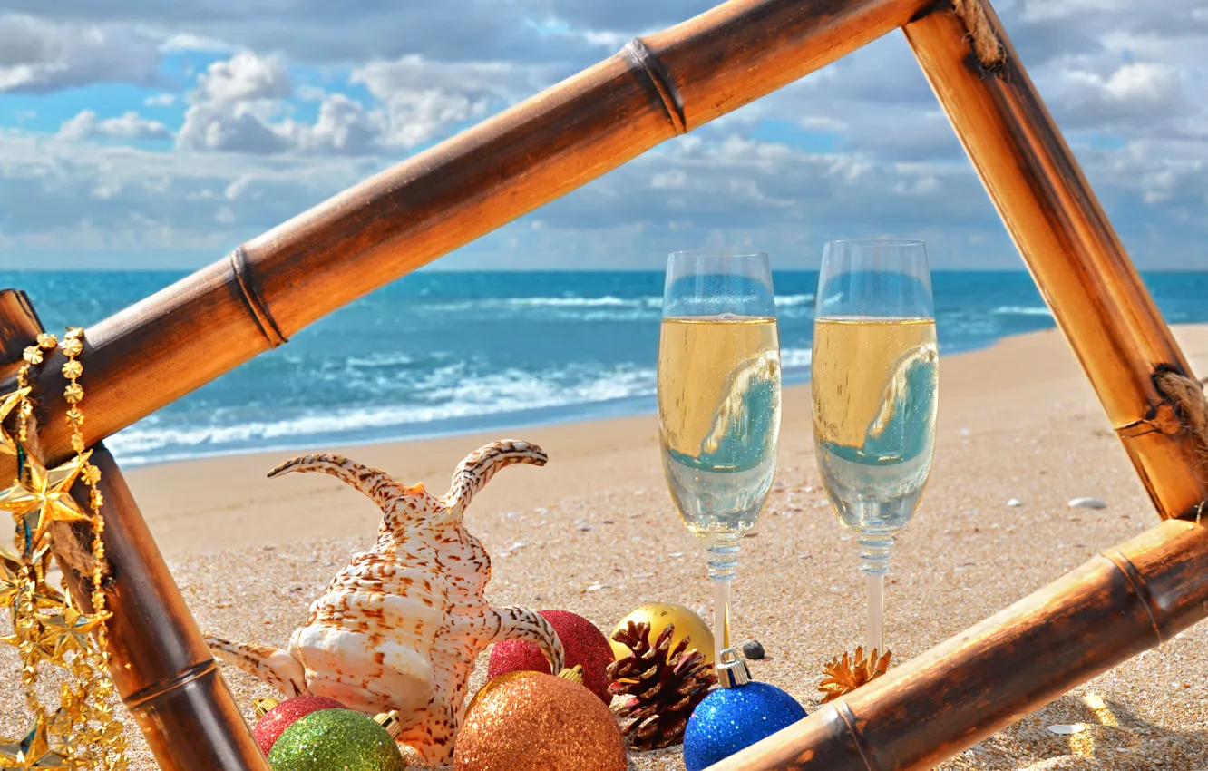Photo wallpaper sand, sea, beach, decoration, toy, new year, shell, beach