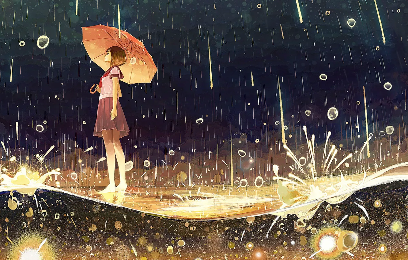 Photo wallpaper drops, squirt, night, barefoot, puddle, girl, schoolgirl, the shower