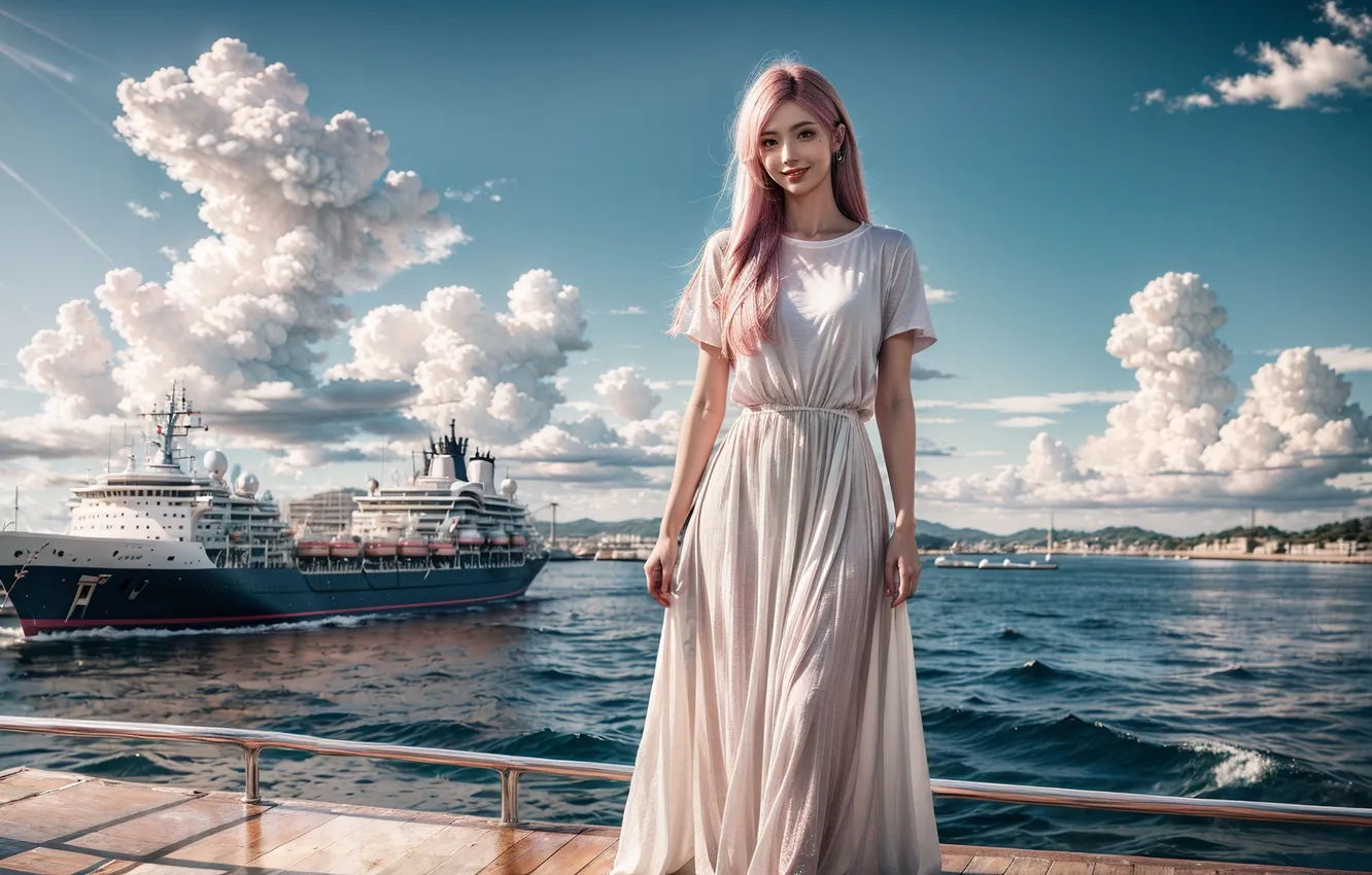 Photo wallpaper girl, smile, Marina, pier, blonde, white dress