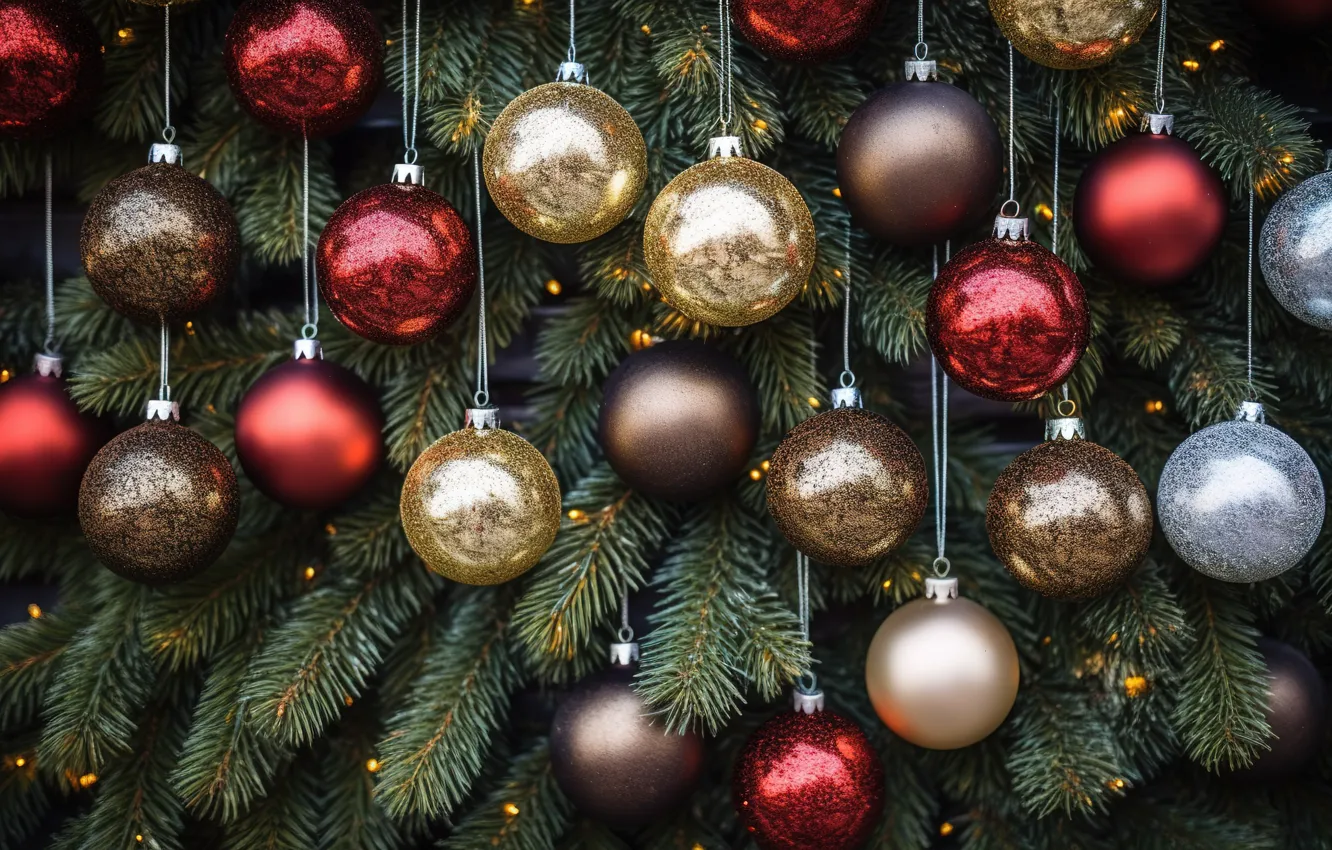 Photo wallpaper background, balls, tree, New Year, Christmas, red, golden, new year