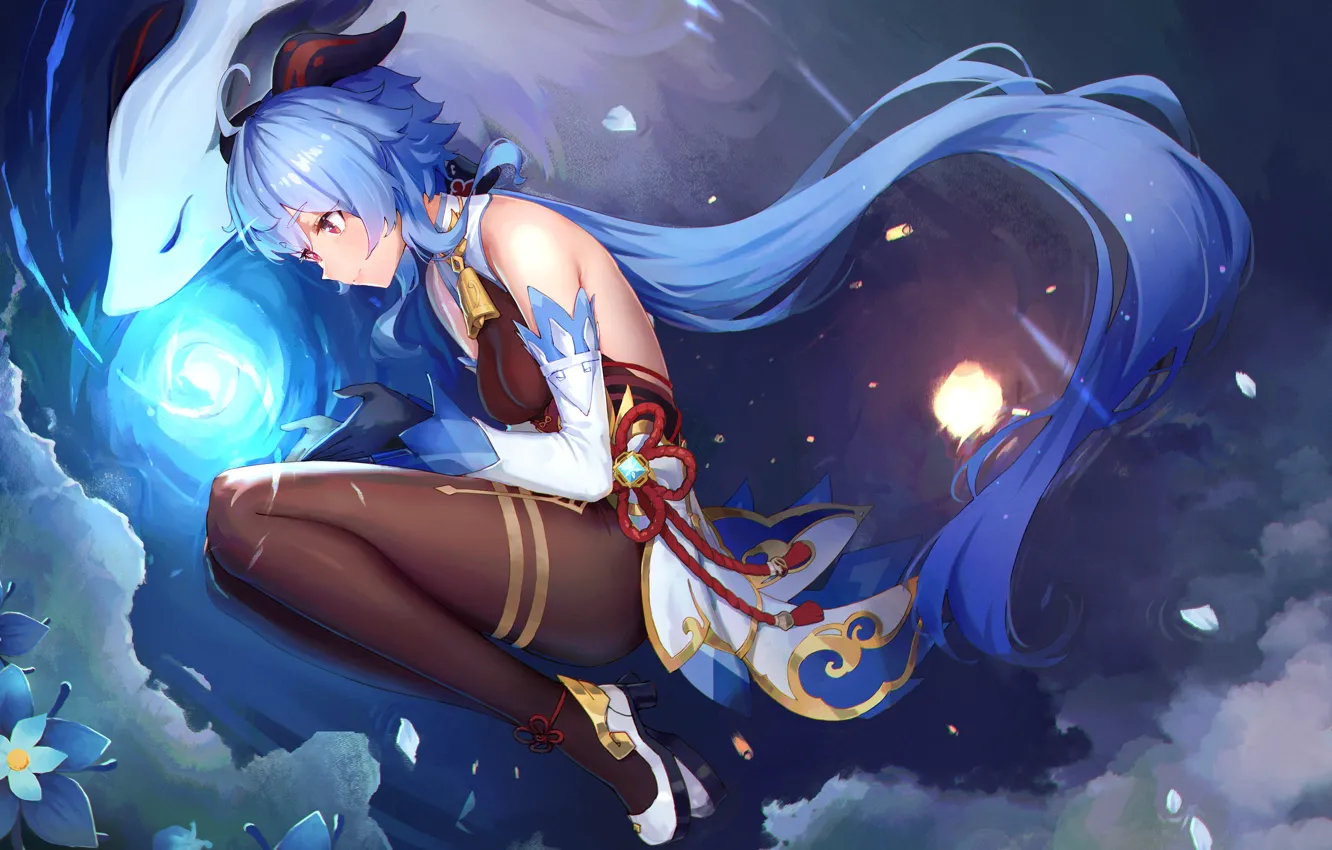 Photo wallpaper the sky, girl, flowers, reflection, magic, petals, fantasy, Genshin Impact