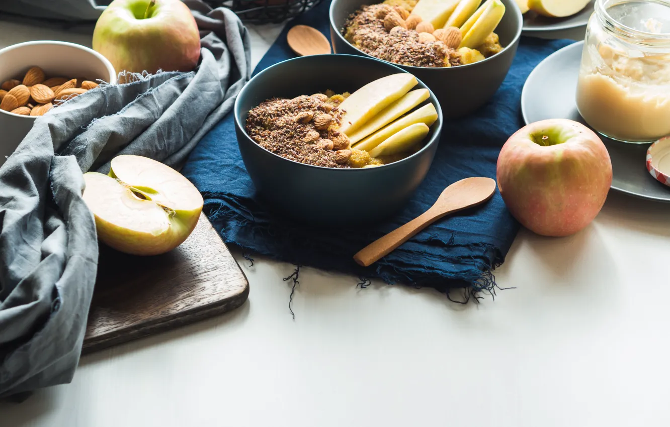 Photo wallpaper apples, Breakfast, honey, nuts, almonds, granola