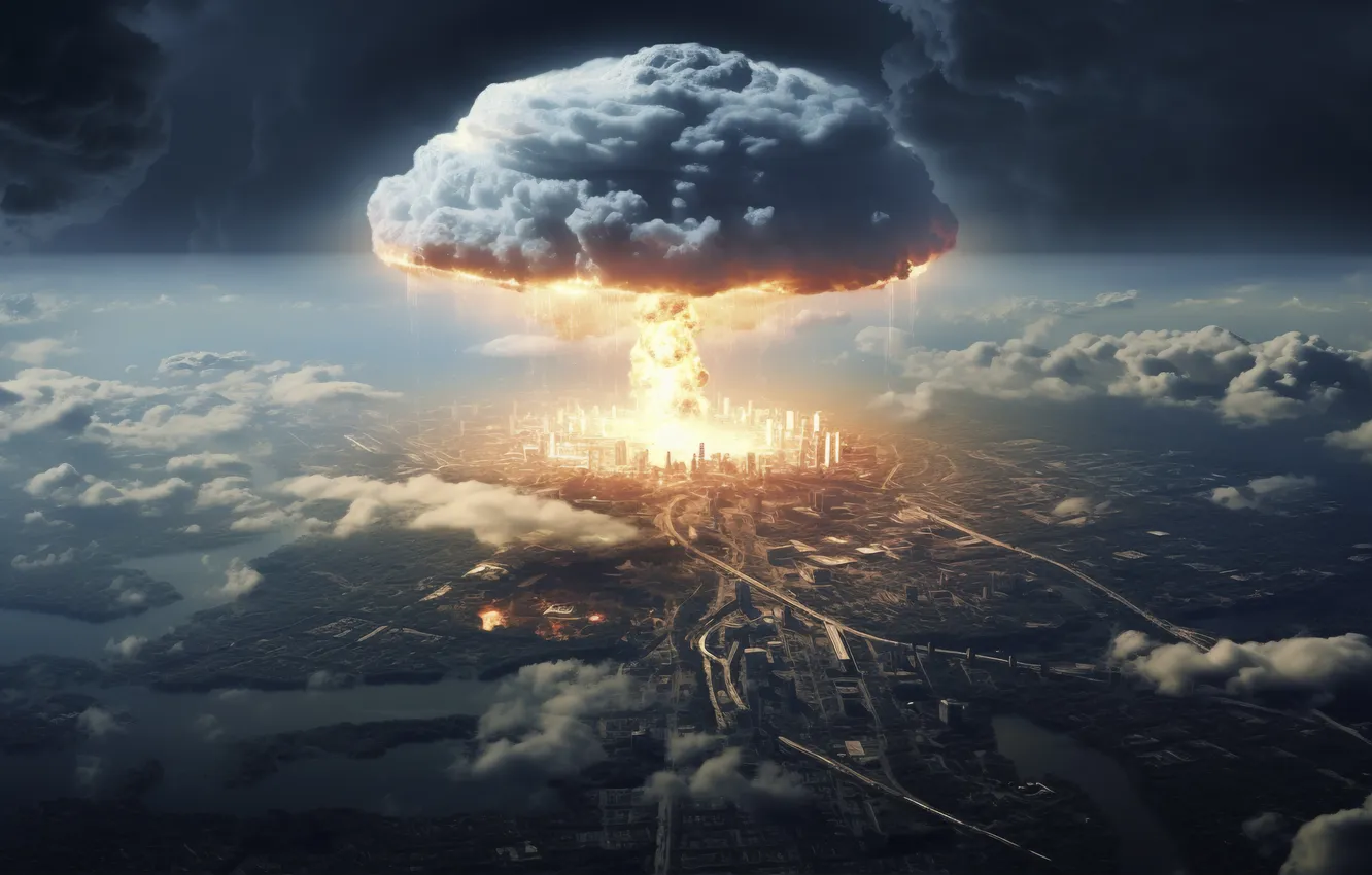 Photo wallpaper clouds, the explosion, the city, mushrooms, destruction, a nuclear explosion, digital art, nuclear weapons