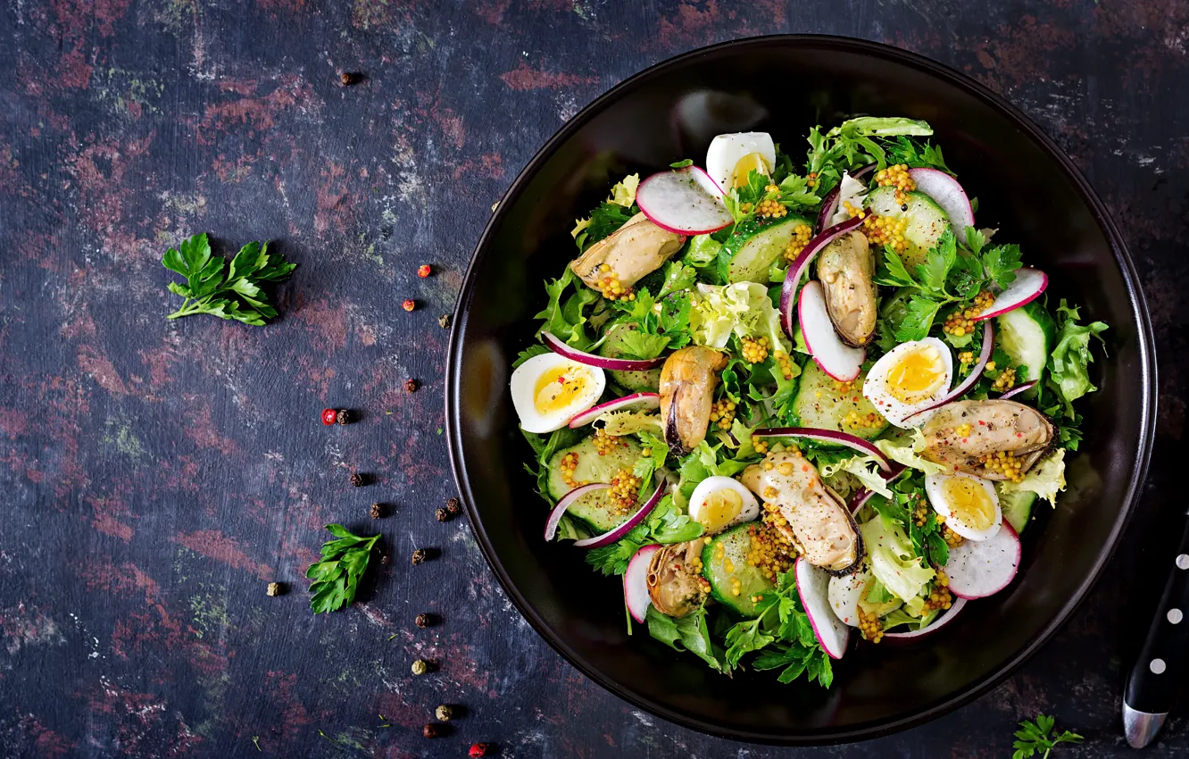 Photo wallpaper eggs, eggplant, cucumbers, salad