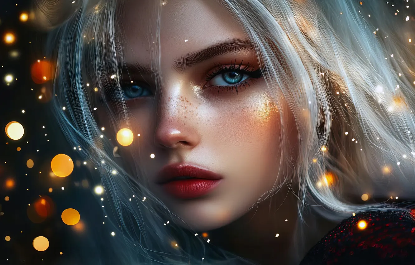 Photo wallpaper look, girl, face, lights, portrait, blonde, bokeh, AI art