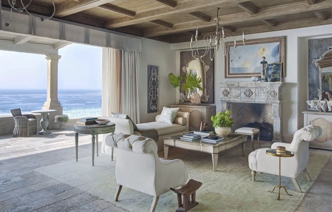 Photo wallpaper interior, fireplace, terrace, living room