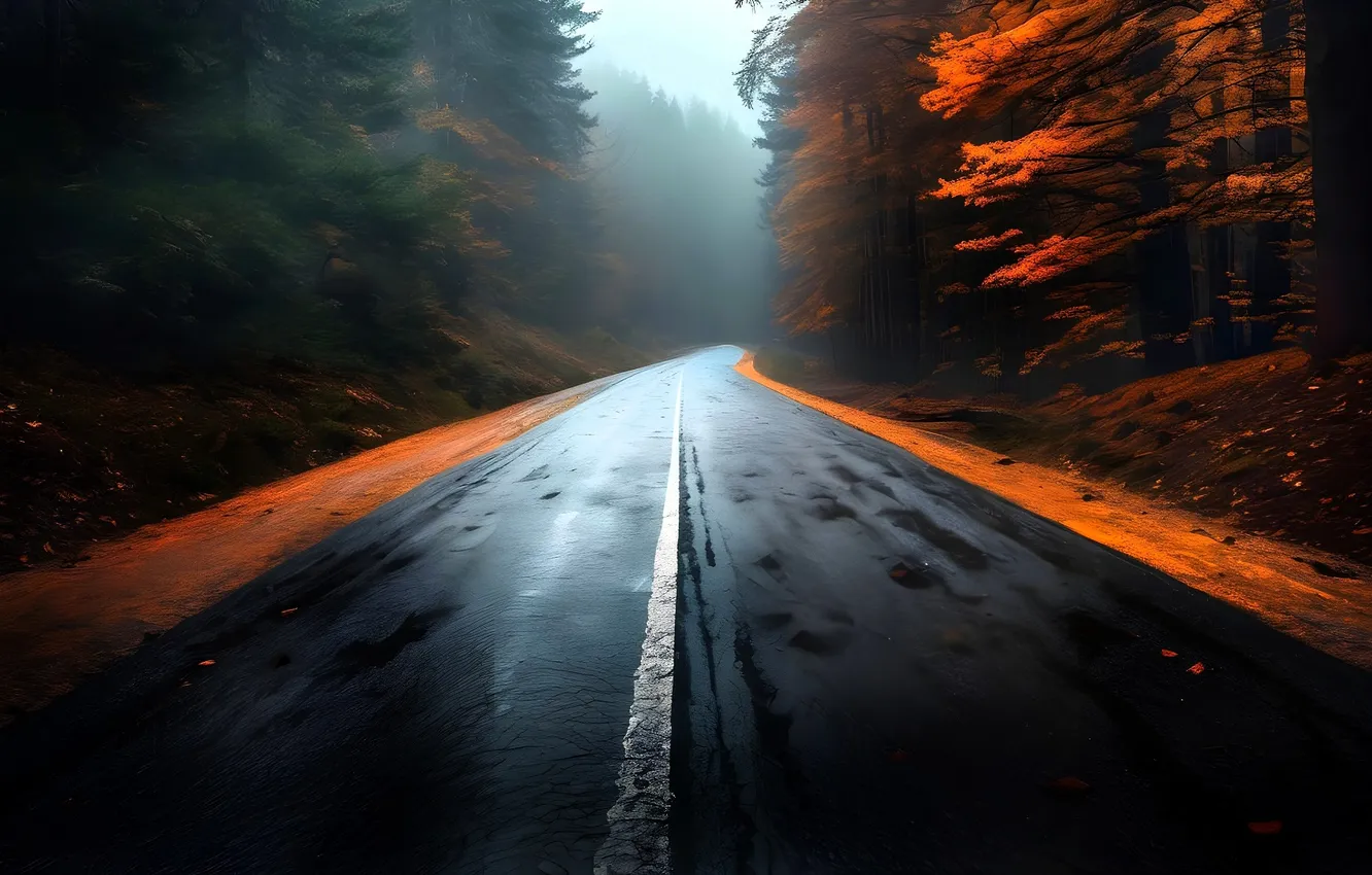 Photo wallpaper road, autumn, forest, fog, markup, the curb