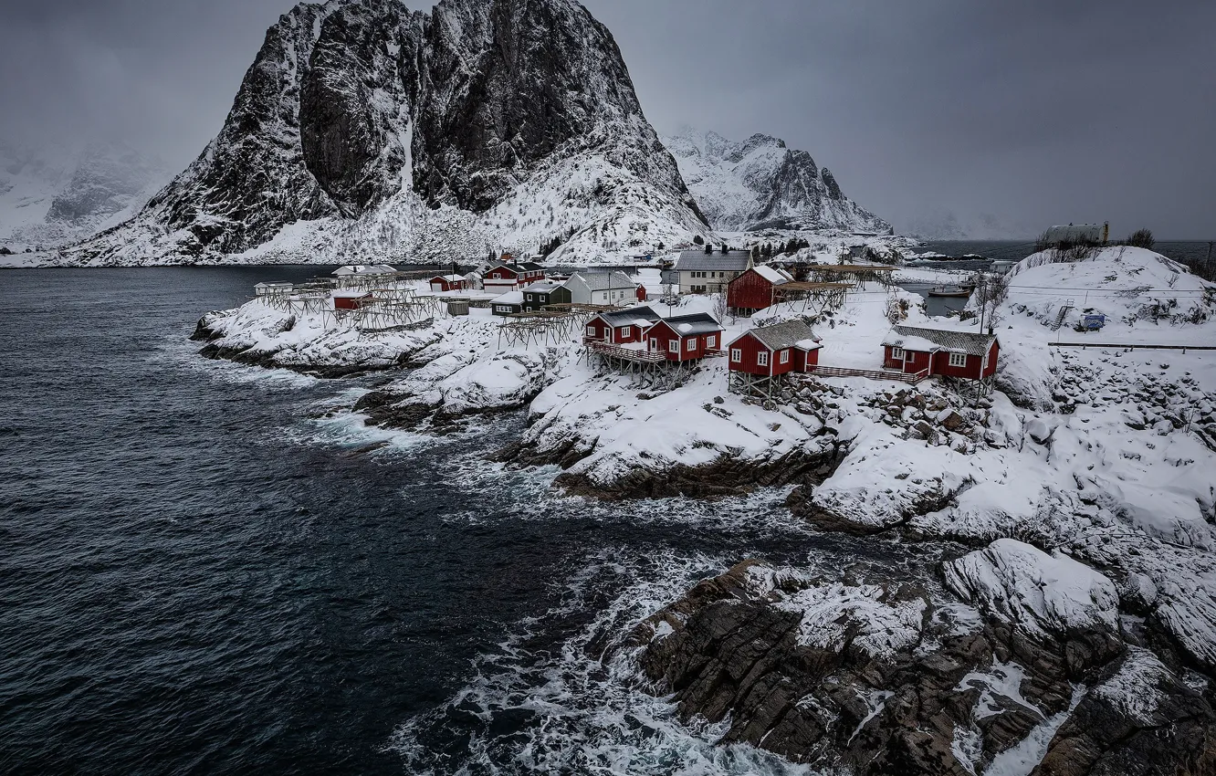 Photo wallpaper winter, snow, mountains, stones, overcast, rocks, Norway, Bay