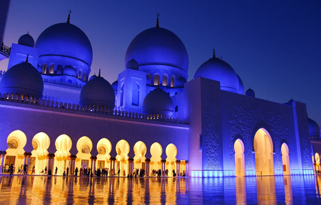 Photo wallpaper the city, the evening, mosque, architecture, the dome, religion, UAE, The Sheikh Zayed Grand mosque