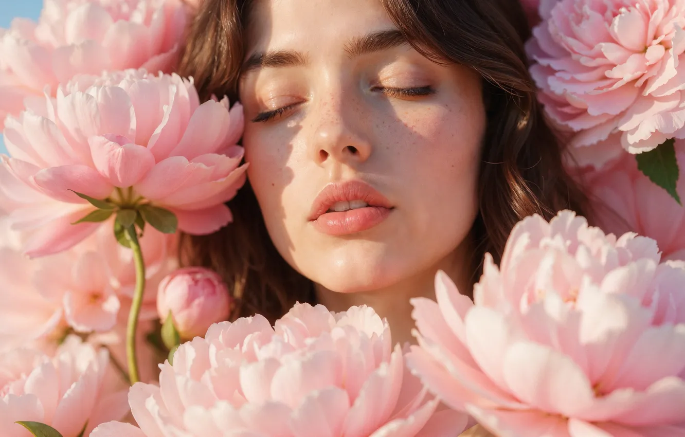 Photo wallpaper girl, flowers, face, peonies, closeup, digital art, AI art, The Art of Artificial Intelligence