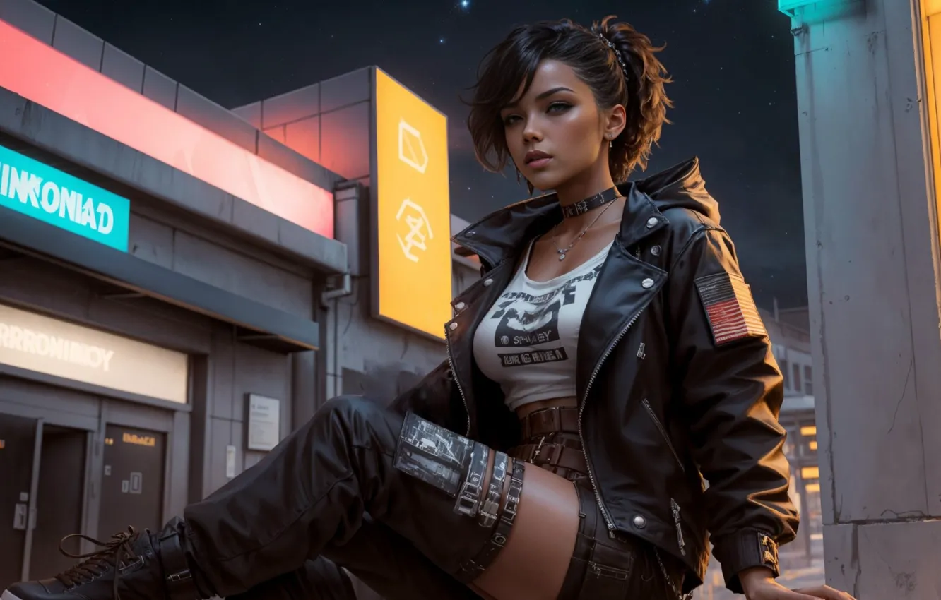 Photo wallpaper night, pose, advertising, brunette, jacket, legs, digital art, digital art