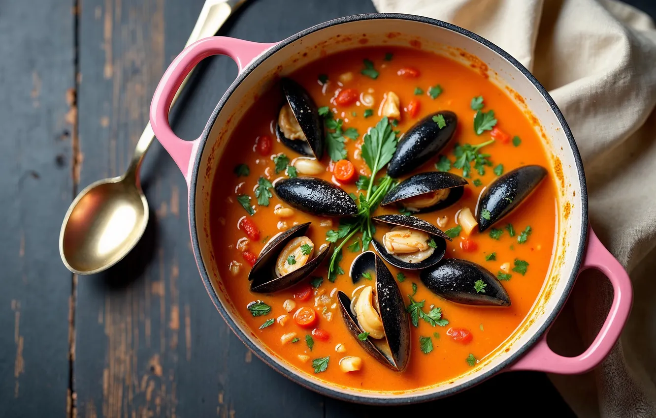 Photo wallpaper soup, pan, mussels, AI art