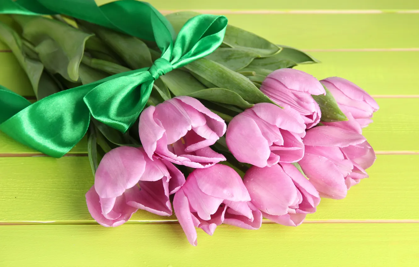 Photo wallpaper flowers, bouquet, tape, tulips, pink, wood, pink, flowers