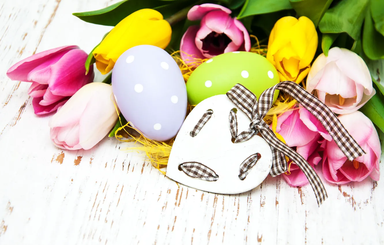 Photo wallpaper flowers, eggs, colorful, Easter, tulips, happy, heart, wood