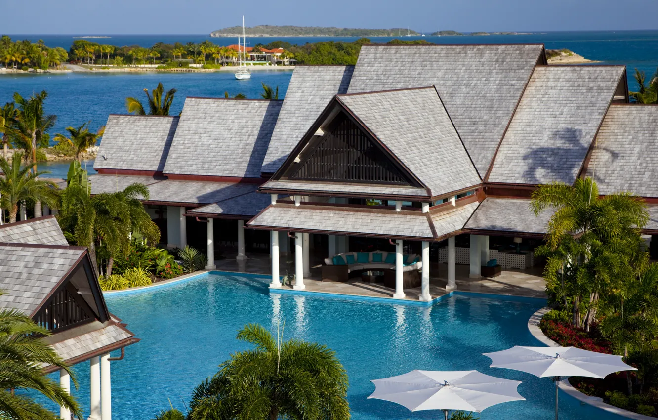 Photo wallpaper tropics, palm trees, the ocean, coast, Villa, pool, the hotel, resort