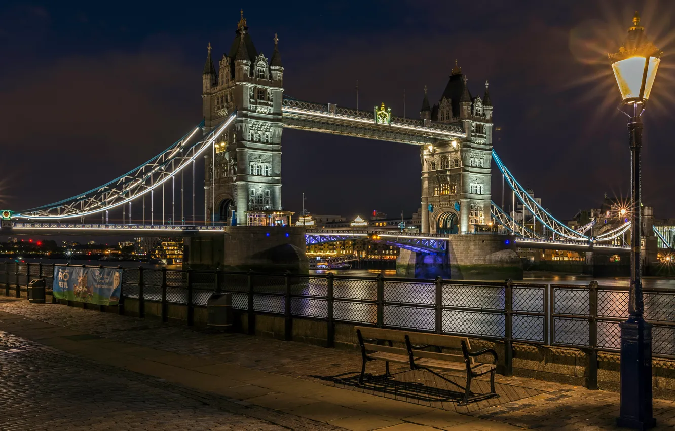 Photo wallpaper night, bridge, lights, river, England, London, lantern, Tower bridge