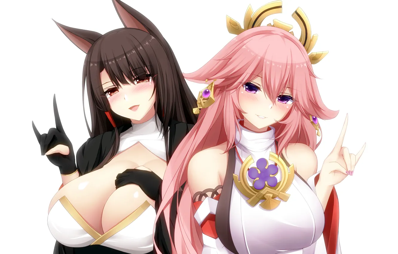 Photo wallpaper sexy, cleavage, blouse, pink hair, long hair, girls, brown hair, brown eyes