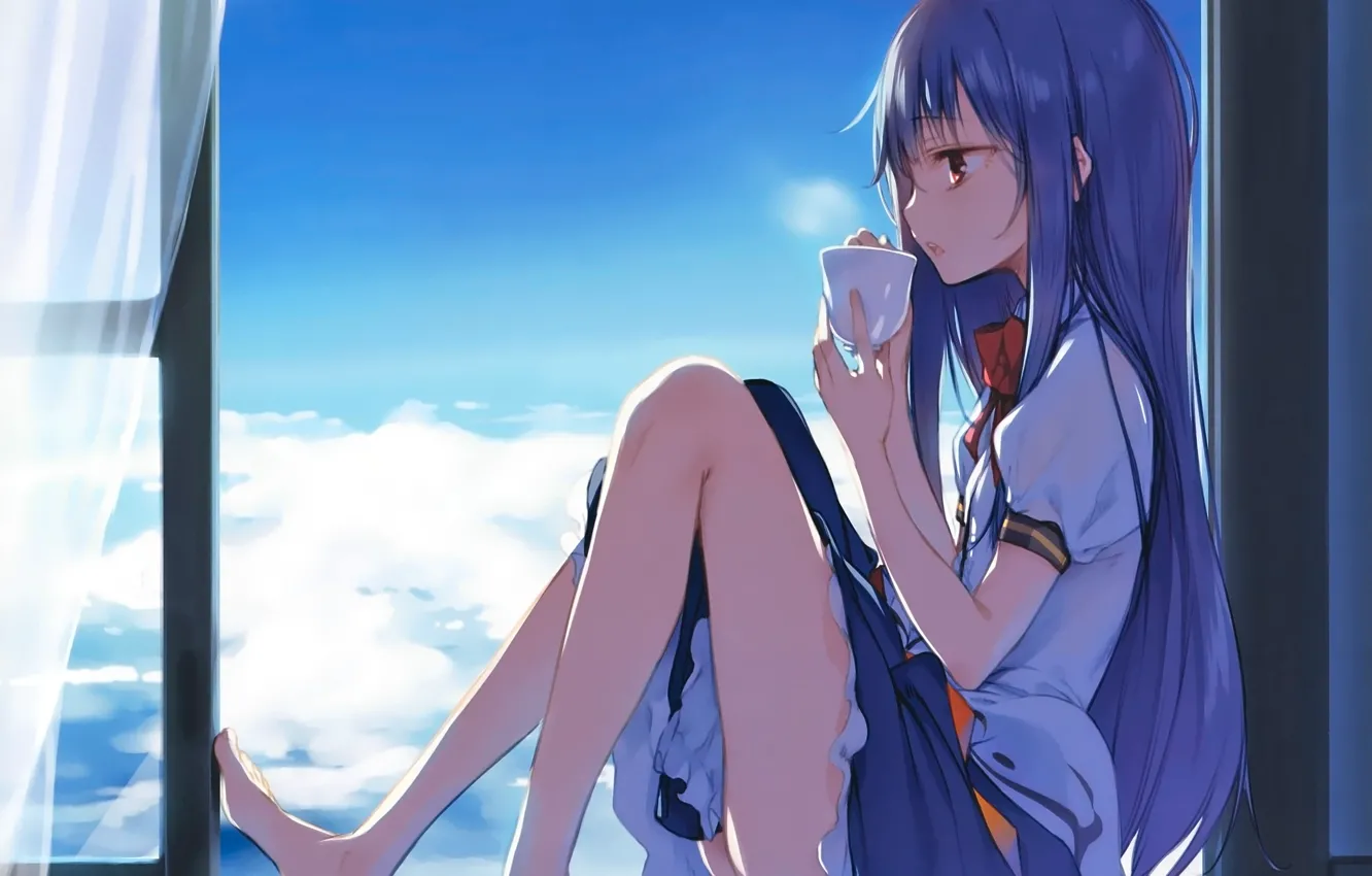 Photo wallpaper the sky, girl, clouds, anime, window, art, Cup, touhou