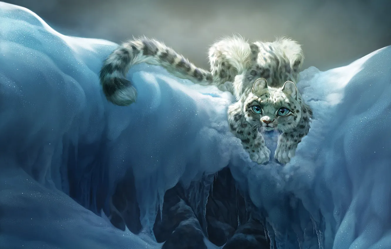 Photo wallpaper cat, snow, mountains, mood, art, bars, children's