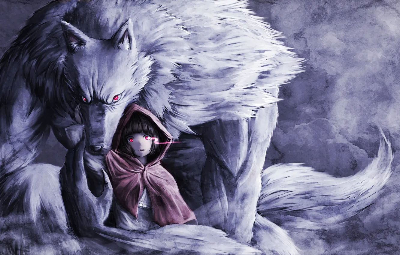 Photo wallpaper wolf, little red riding hood, art, girl, cloak, red eyes, namacotan