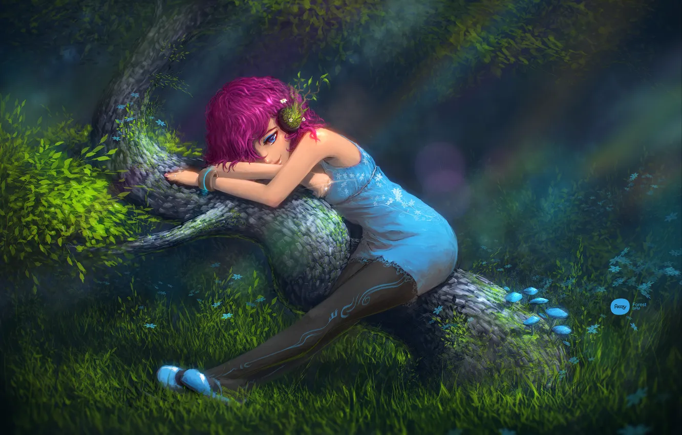 Photo wallpaper forest, girl, light, trees, glare, plant