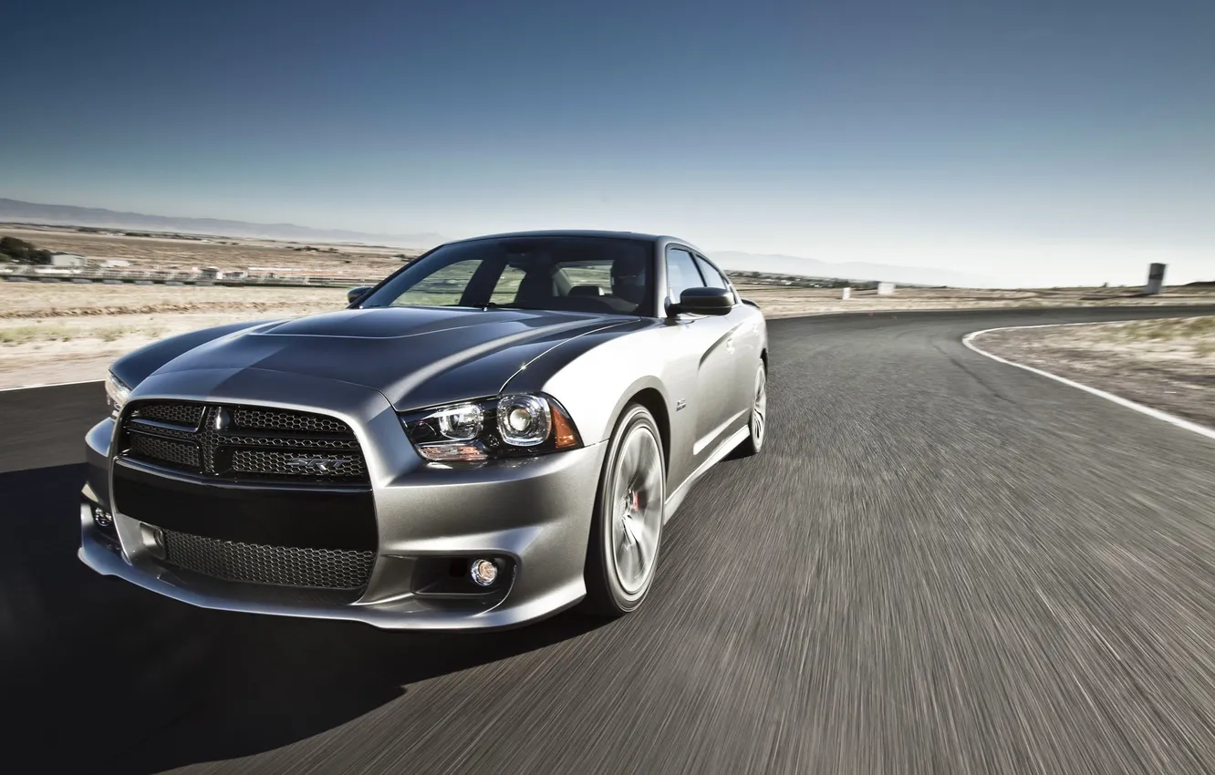 Photo wallpaper road, auto, grey, lights, day, Dodge, Charger, the front