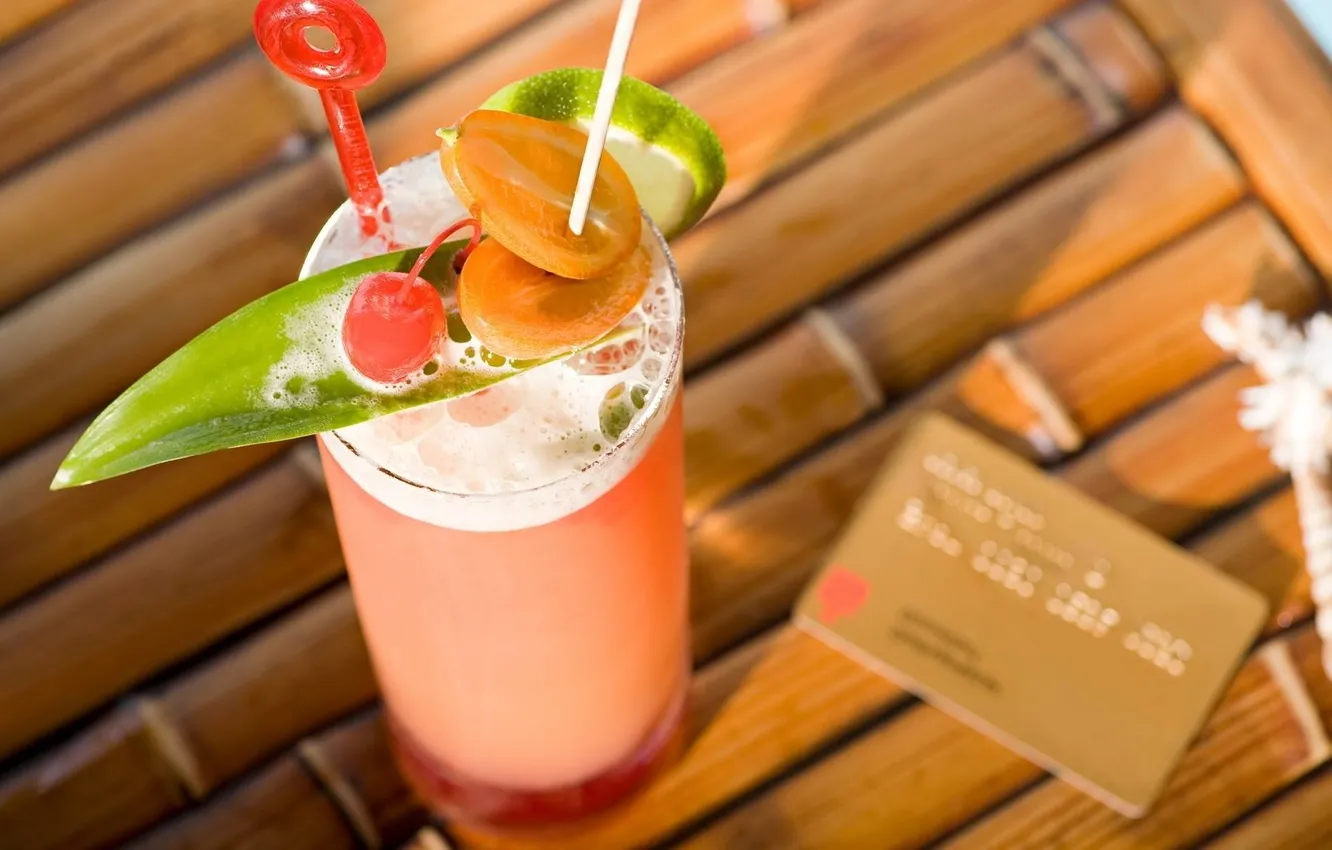 Photo wallpaper glass, cocktail, drink, fruit, tube, credit card