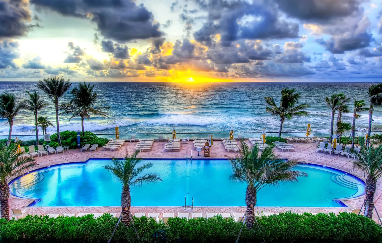 Photo wallpaper sea, the sky, clouds, sunset, palm trees, HDR, pool