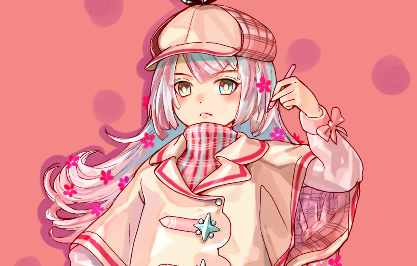 Photo wallpaper girl, pink background, long hair, sweater, cap in the cage, by Nik Ibi