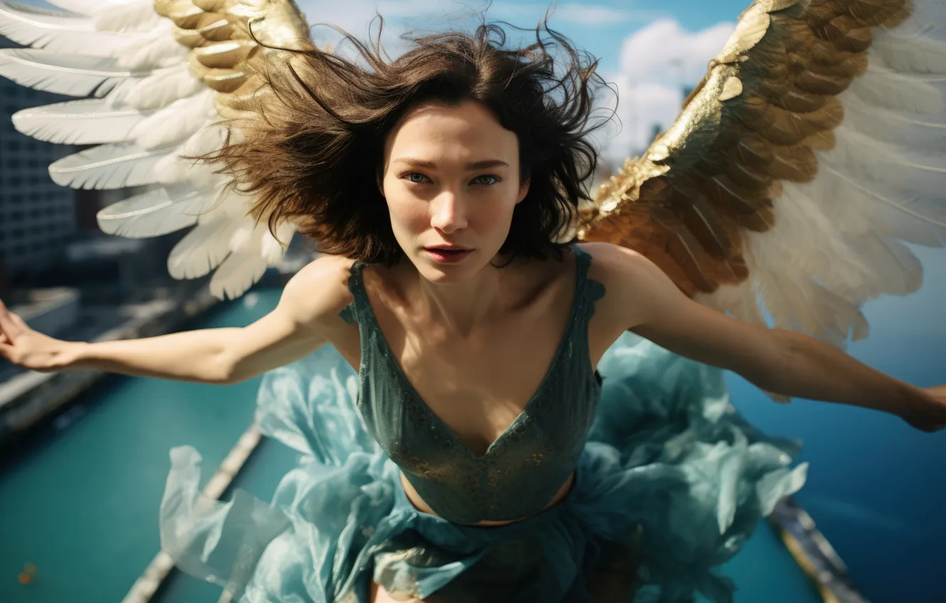 Photo wallpaper look, girl, hair, home, wings, angel, dress, digital art