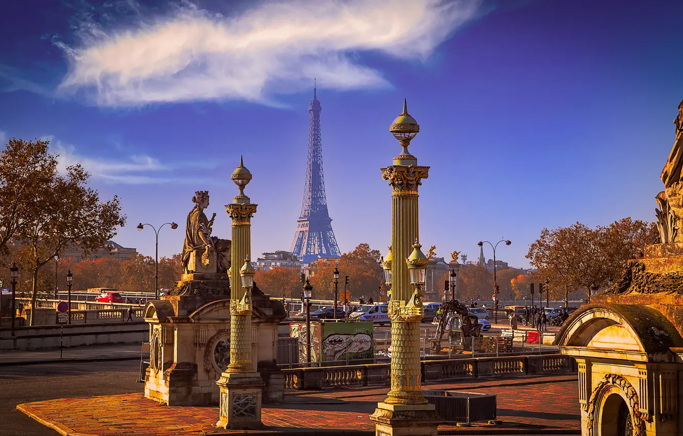 Photo wallpaper clouds, trees, France, Paris, Eiffel tower, Paris, architecture, statues