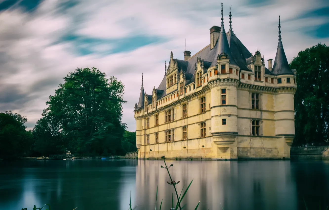 Photo wallpaper the sky, clouds, trees, pond, castle, France