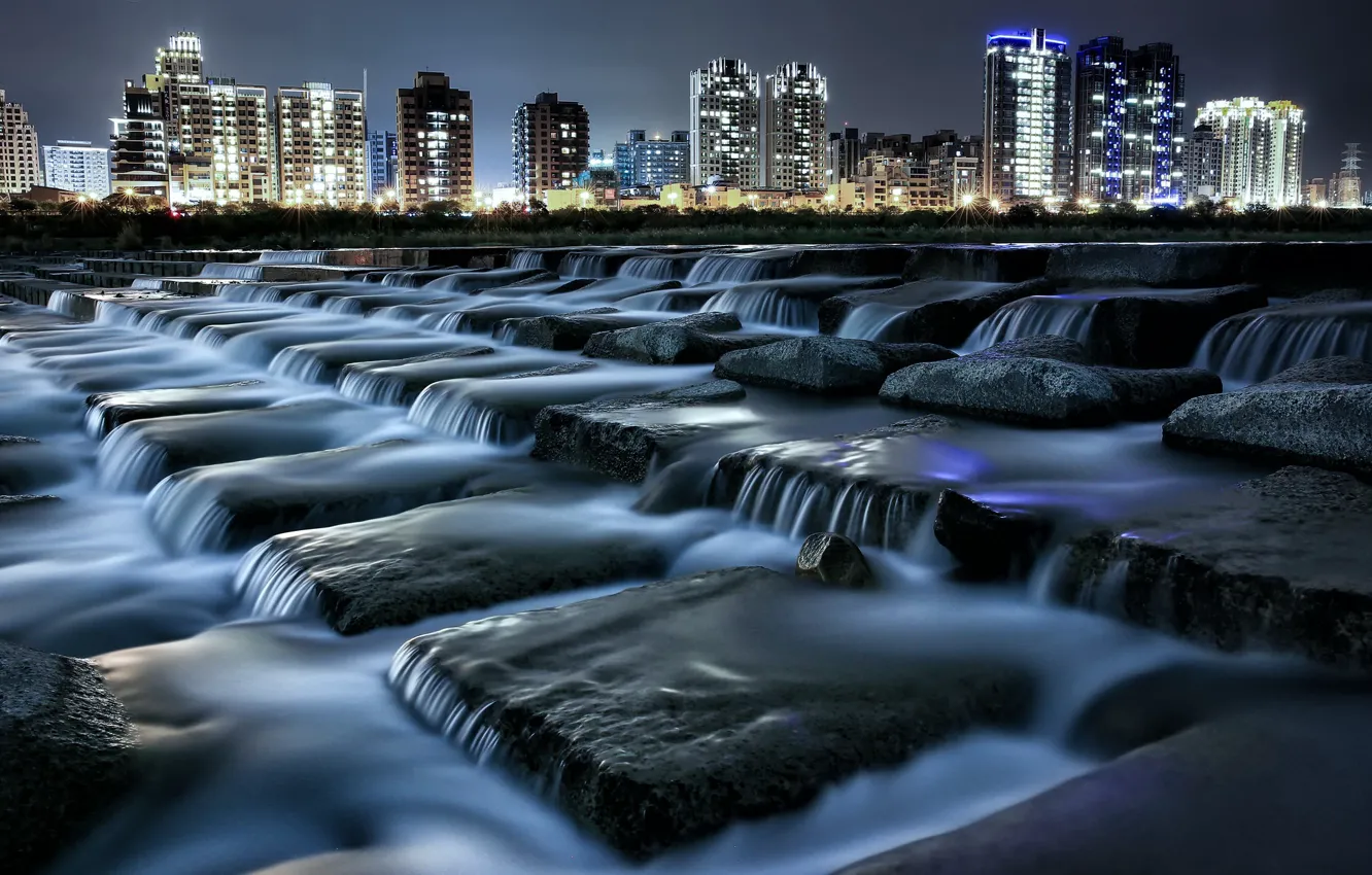 Photo wallpaper night, the city, river
