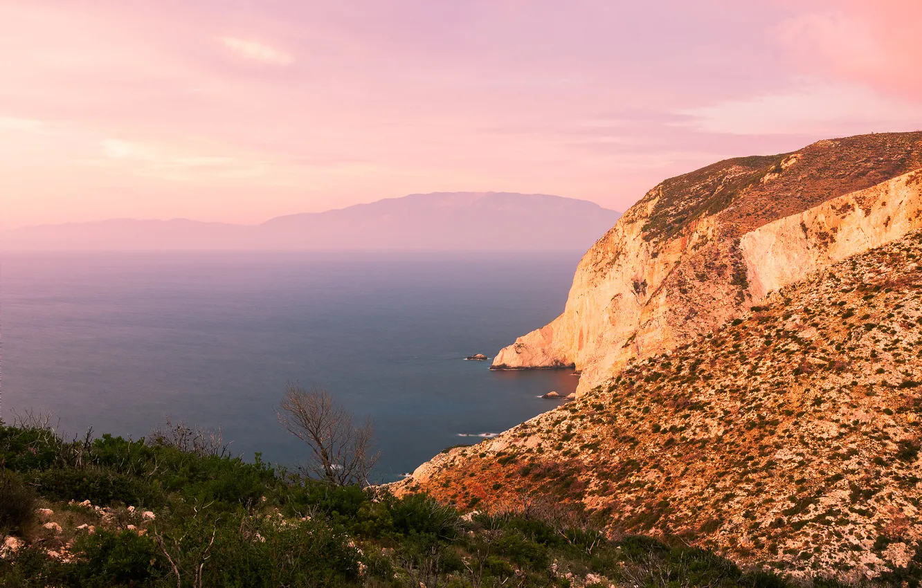 Photo wallpaper the sky, light, mountains, fog, rocks, shore, dal, morning