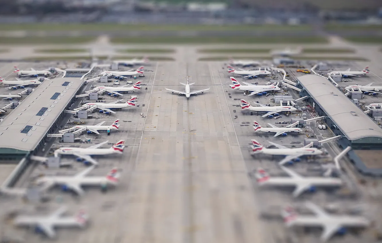 Photo wallpaper airplane, tilt-shift, diorama, Heathrow, illusion, terminal