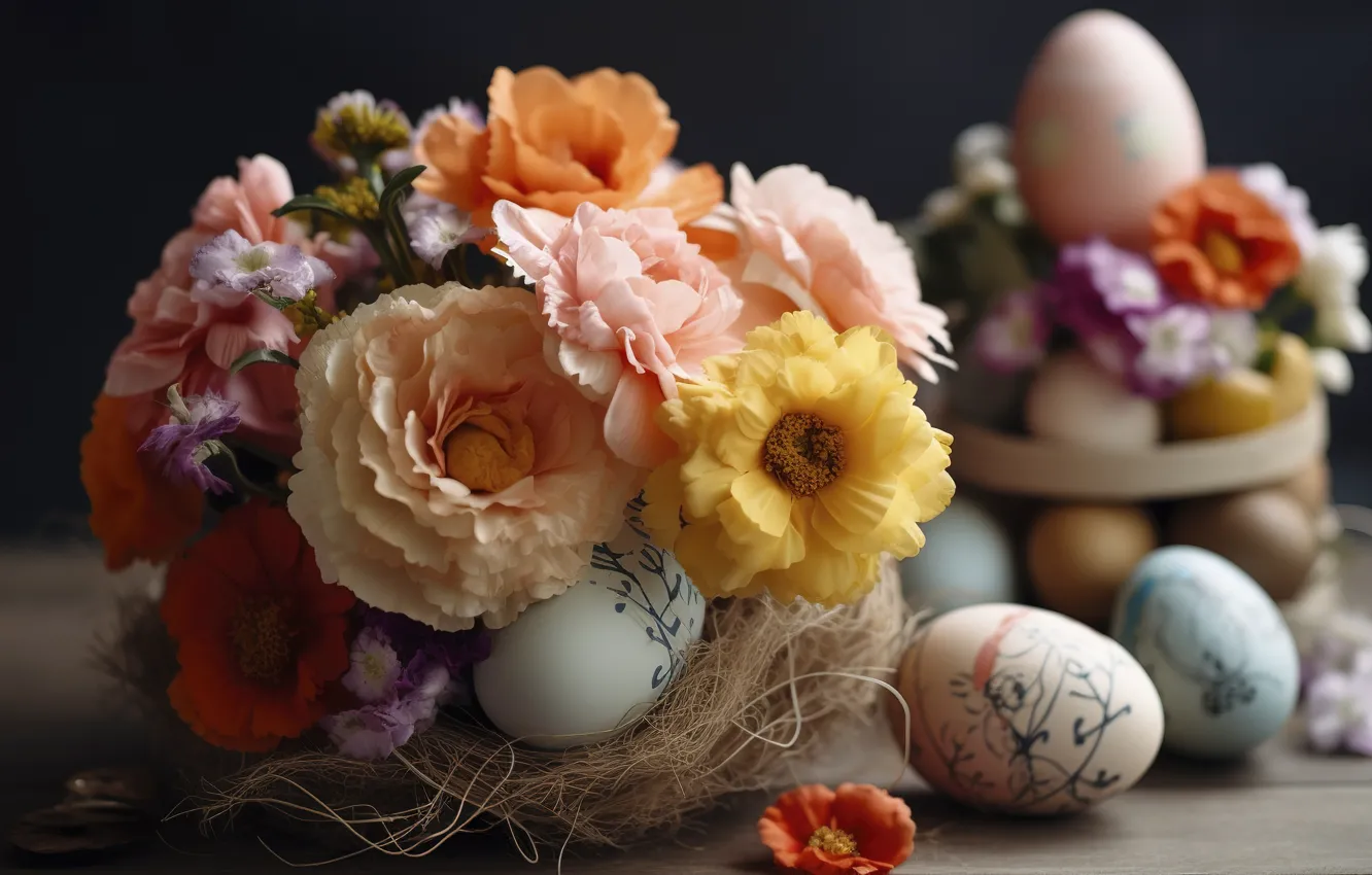Photo wallpaper flowers, table, holiday, eggs, bouquet, spring, Easter, a bunch