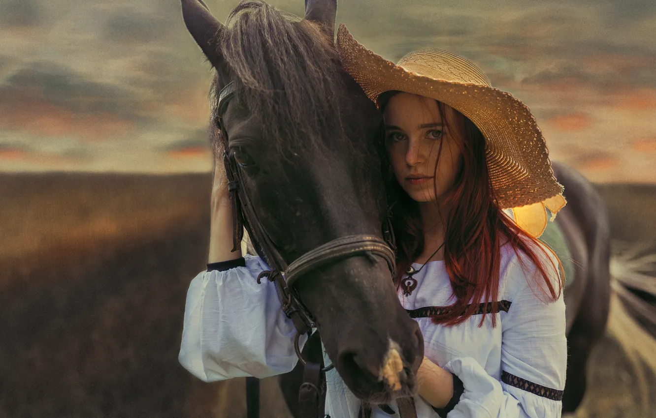 Photo wallpaper look, girl, horse, horse, hat, Ivan Losev, horse-face