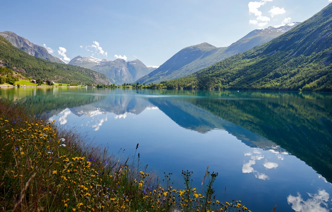 Photo wallpaper summer, the sky, clouds, mountains, lake, reflection, calm, Norway