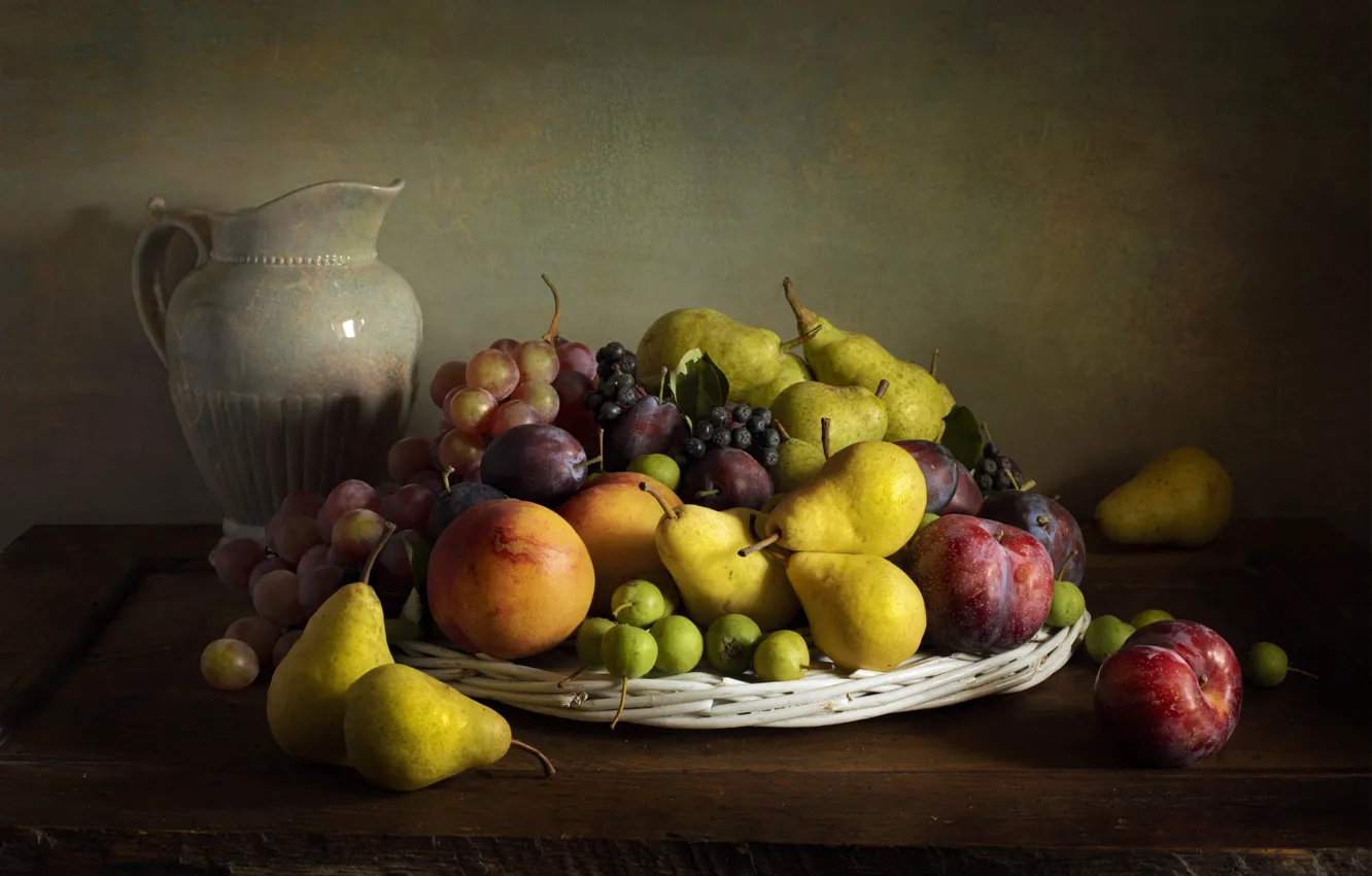 Photo wallpaper light, table, apples, Board, grapes, pitcher, fruit, still life