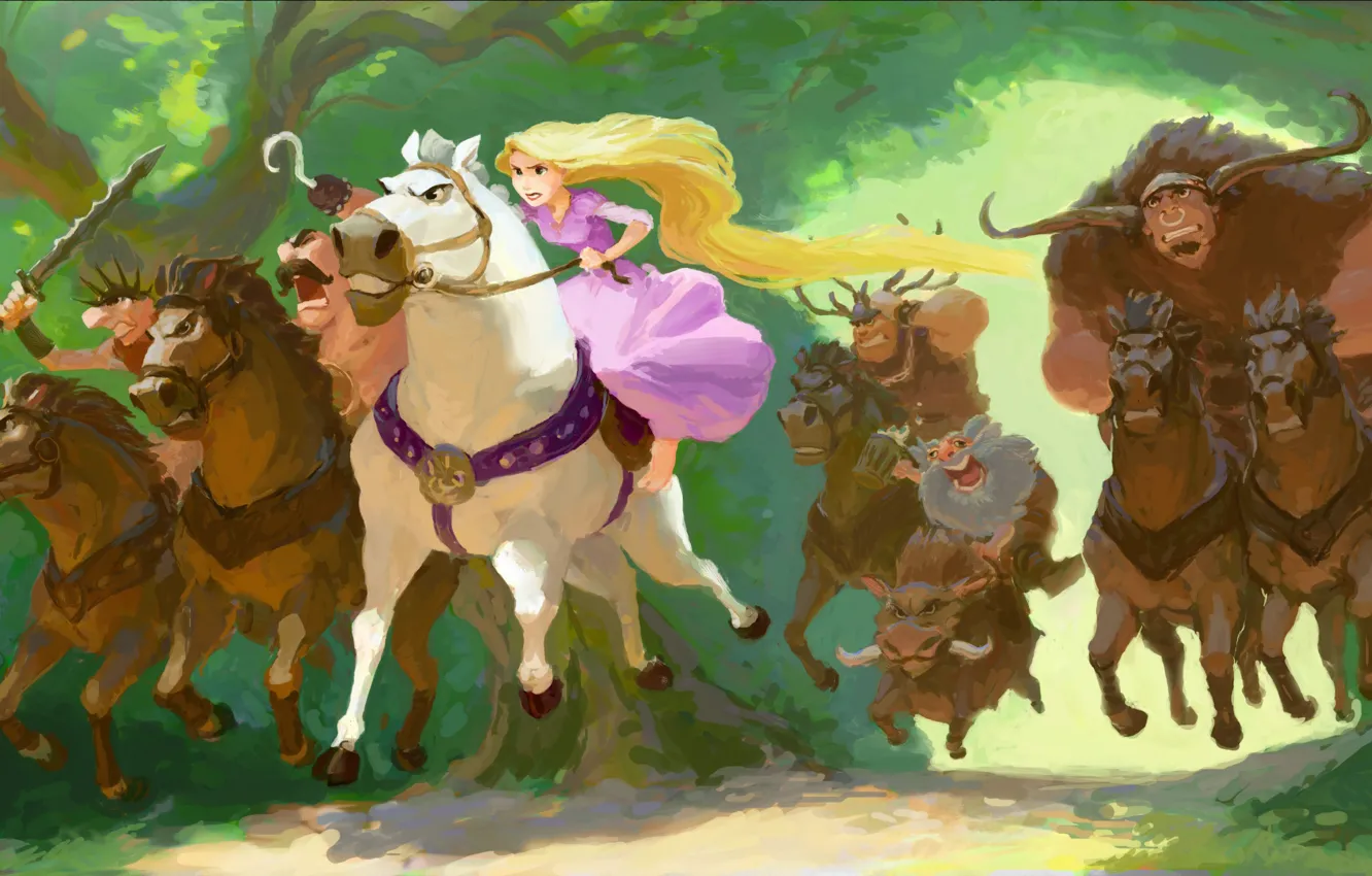 Photo wallpaper forest, figure, cartoon, art, rider, Rapunzel, jump, the robber