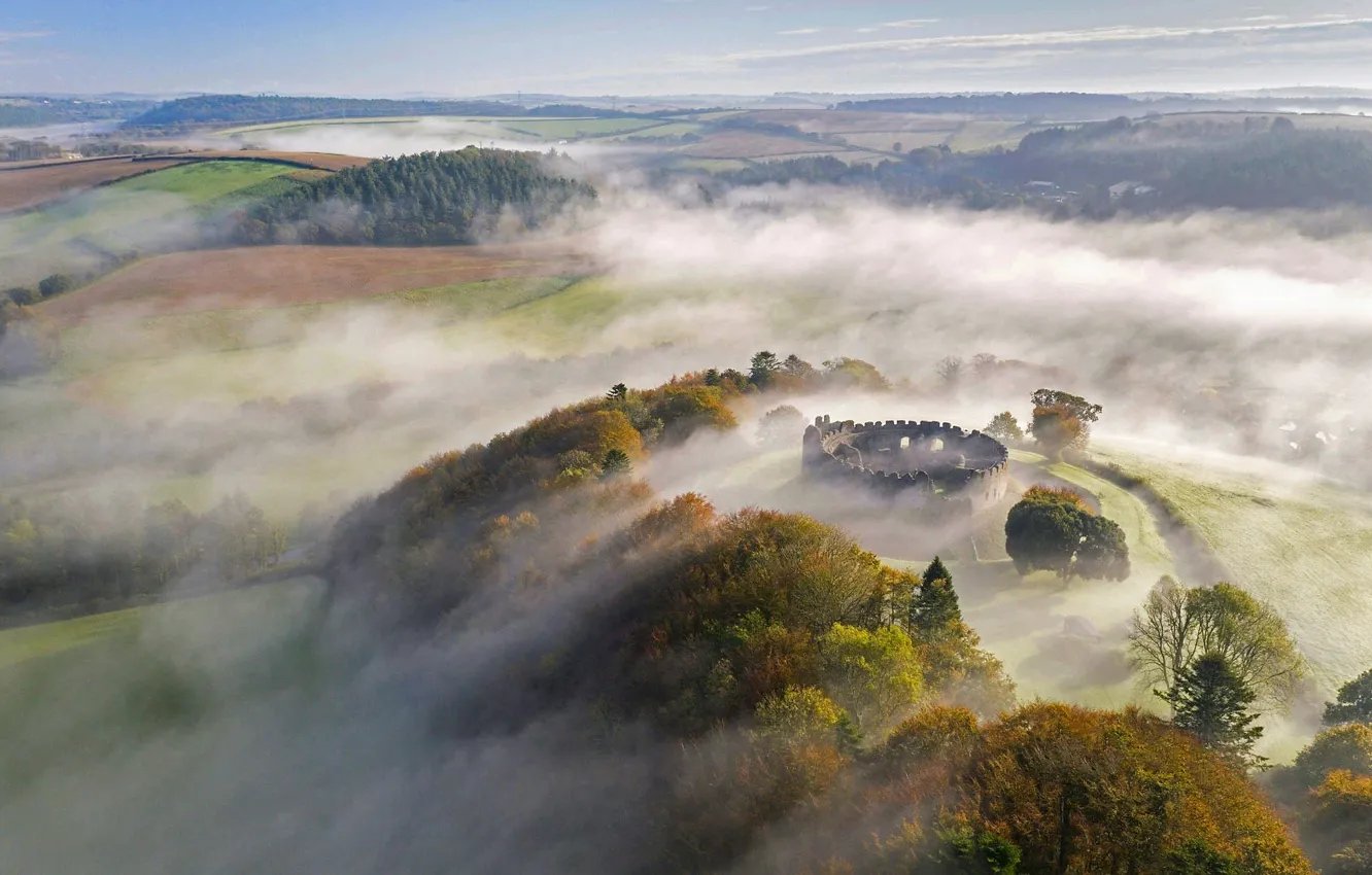 Photo wallpaper morning, fog, England, castle, ancient, Cornwall, Restormel Castle