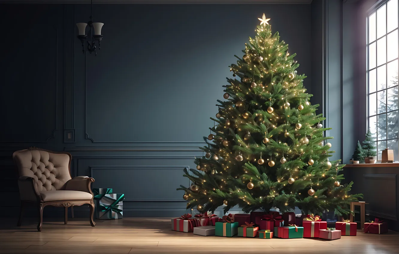 Photo wallpaper decoration, room, gift, tree, new year, interior, Christmas, Christmas