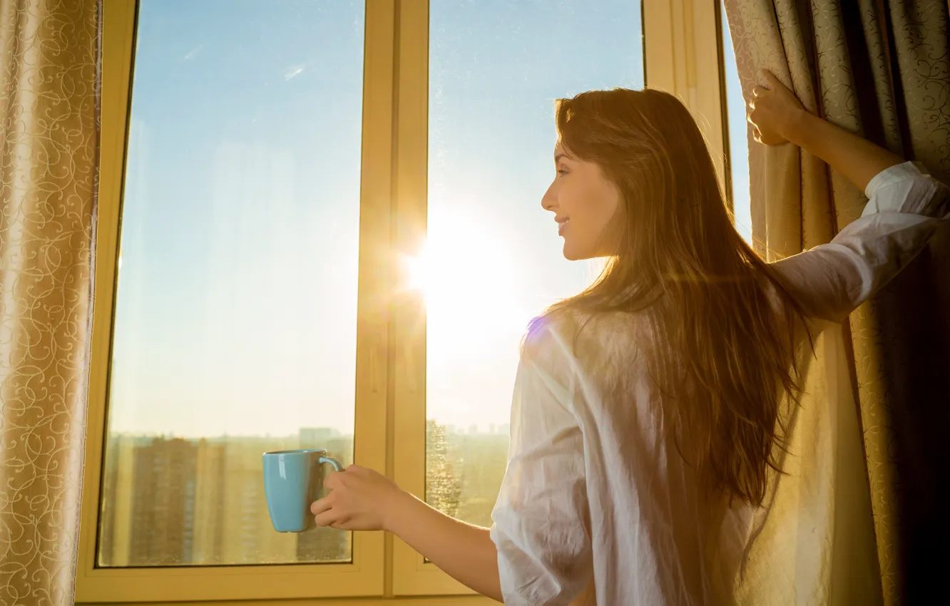 Photo wallpaper girl, coffee, morning, window