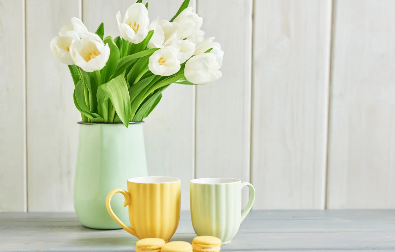 Photo wallpaper Cup, tulips, vase, white